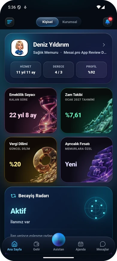 mesai.pro Android uygulamasında kişisel ana sayfa: sıradaki nöbet ve kişisel çalışma araçları