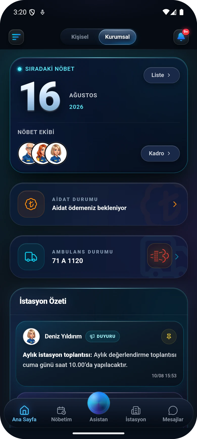 mesai.pro Android uygulamasında kurumsal ana sayfa: sıradaki nöbet ekibi ve istasyon panosu